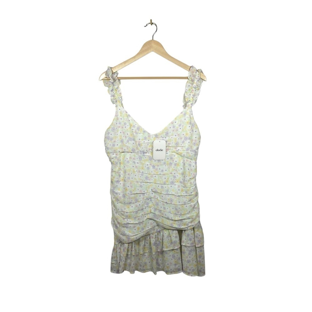 NWT Elodie Women’s Ruched Floral Ruffle Pastel Mini Dress Multicolor Sz L